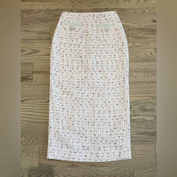 Self Portrait 2025 S/S Boucle Pearl Elegant Pink Tweed Midi Skirt US2/UK6 - Picture 3 of 10